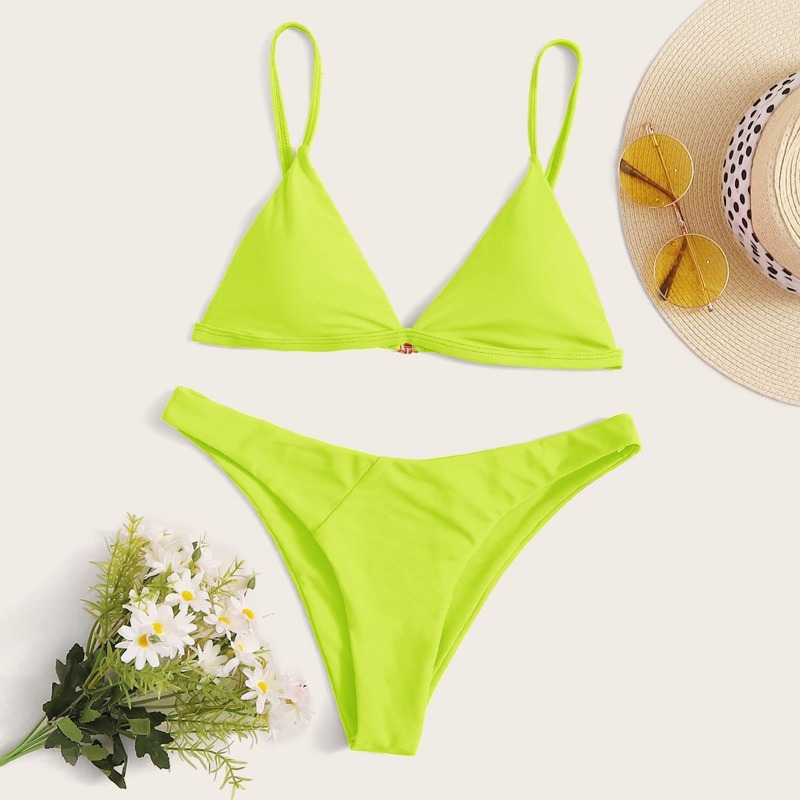 

Neon Green Triangle High Leg Bikini Swimsuit, Green bright