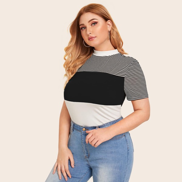 

Plus Mock-Neck Striped Yoke Colorblock Top, Black and white