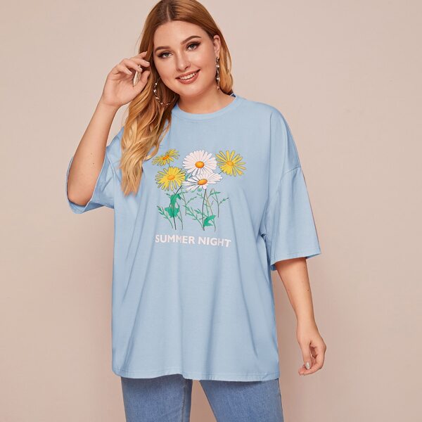 

Plus Drop Shoulder Floral & Letter Graphic Tee, Blue pastel