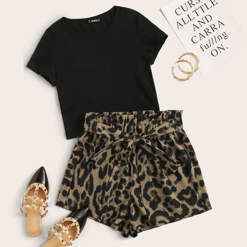 

Solid Top & Knotted Paperbag Waist Leopard Shorts Set, Multicolor