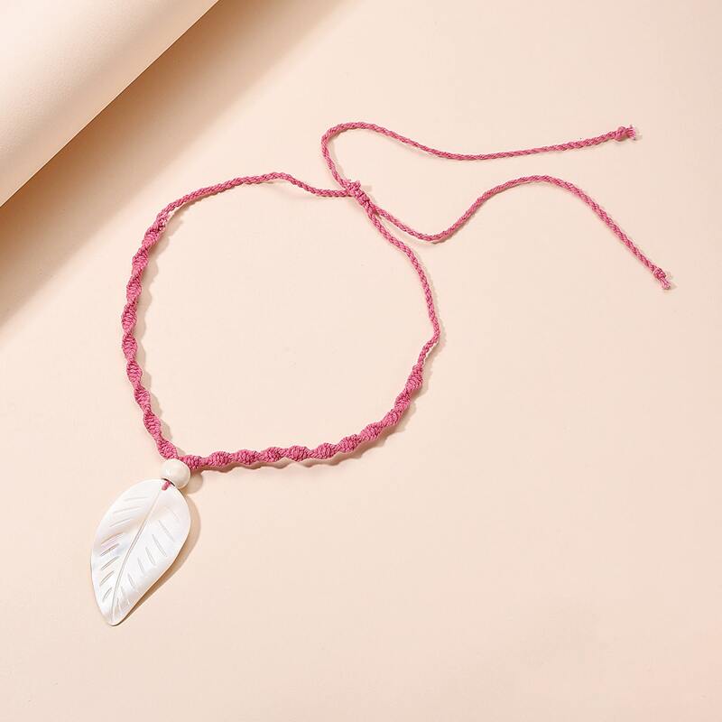

1pc Leaf Charm Braided Necklace, Pink