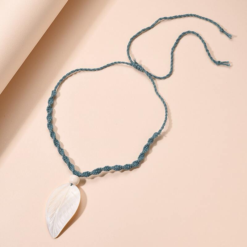 

1pc Leaf Charm Braided Necklace, Blue