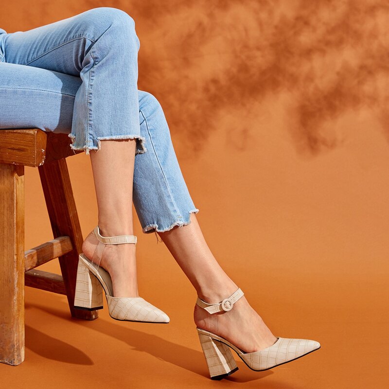 

Point Toe Ankle Strap Chunky Heels, Beige