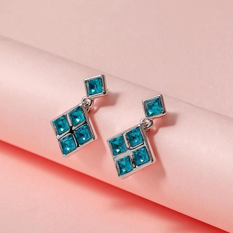 

1pair Rhinestone Engraved Geometric Earrings, Blue
