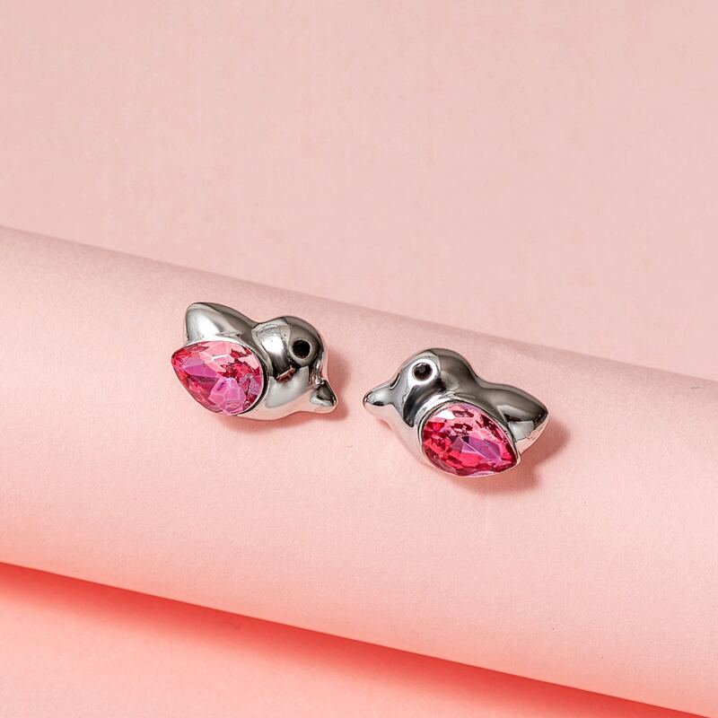 

1pair Rhinestone Engraved Bird Shaped Earrings, Silver