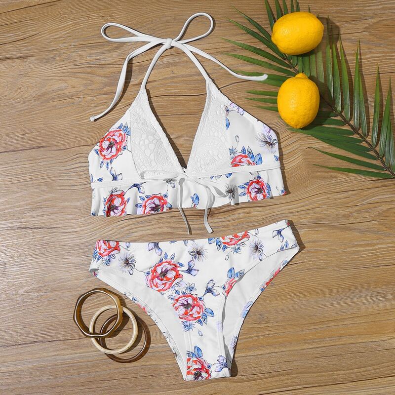 

Floral Ruffle Hem Halter Bikini Swimsuit, Multicolor