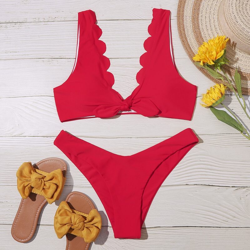 

Scallop Trim Knot Front Cheeky Bikini Swimsuit, Red