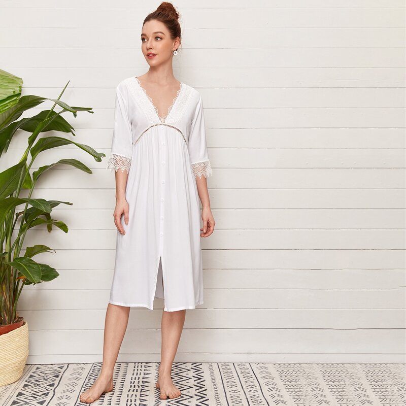 

Lace Panel Button Front Nightdress, White