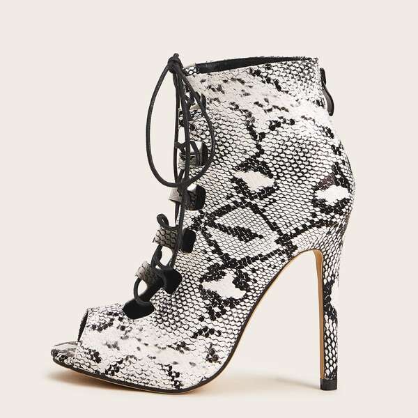 

Snakeskin Print Lace-up Front Stiletto Heels, Black and white