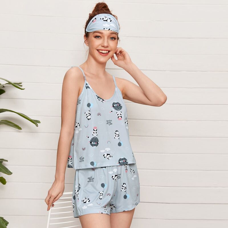 

Cartoon Graphic Eye Cover Pajama Set, Grey