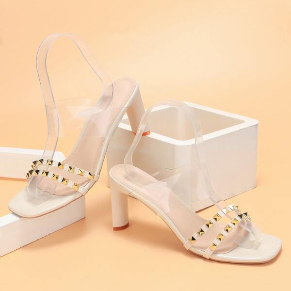 

Spiked Decor Clear Chunky Heeled Mules, White