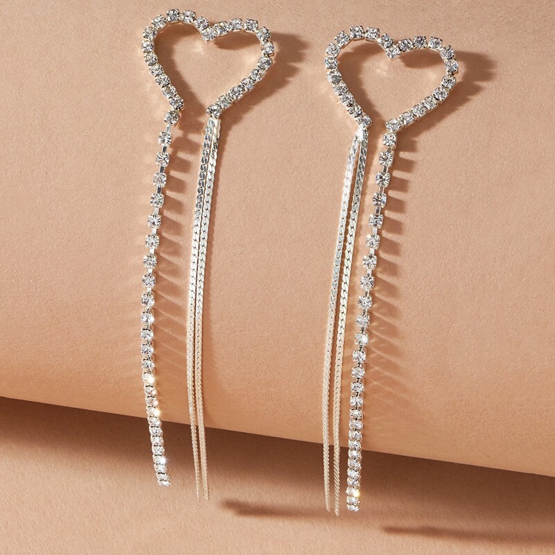 

1pair Rhinestone Engraved Heart Design Tassel Drop Earrings, Silver