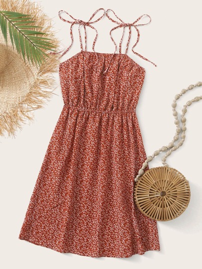 Allover Print Tie Shoulder A-Line Dress