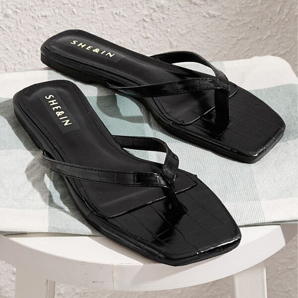 

Croc Embossed Toe Post Sliders, Black