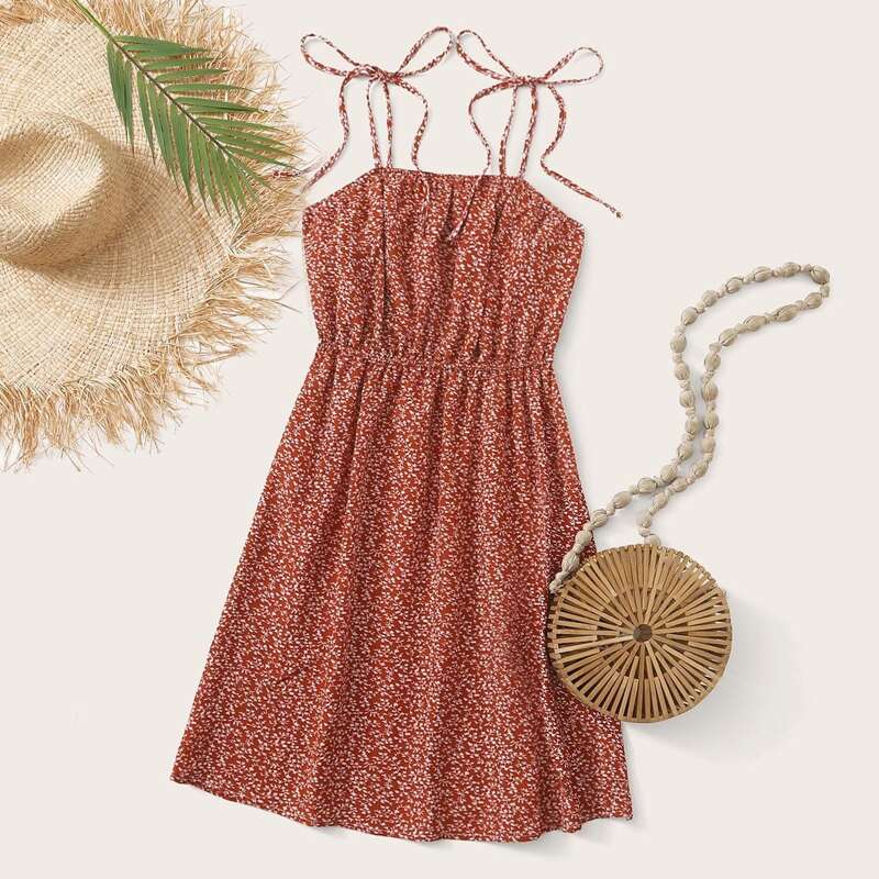 

Allover Print Tie Shoulder A-Line Dress, Red