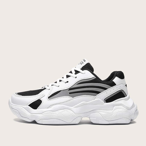 

Men Lace-up Front Mesh Panel Sneakers, Black and white