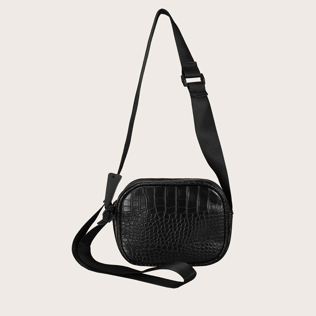 Croc Embossed Crossbody Bag, Black