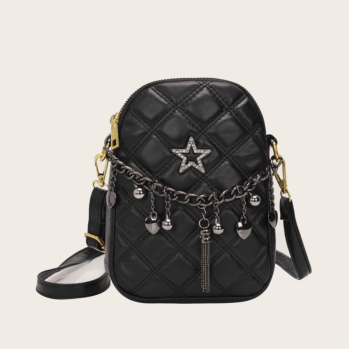 

Heart Charm Chain Decor Quilted Crossbody Bag, Black