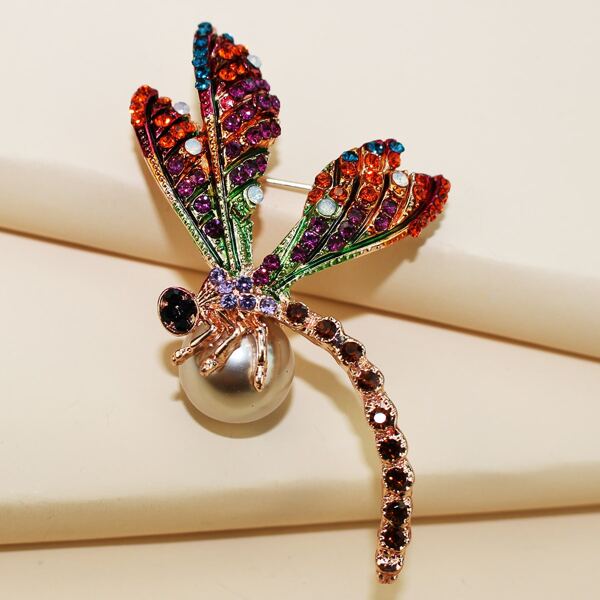 

1pc Rhinestone Engraved Pearl Decor Dragonfly Design Brooch, Multicolor