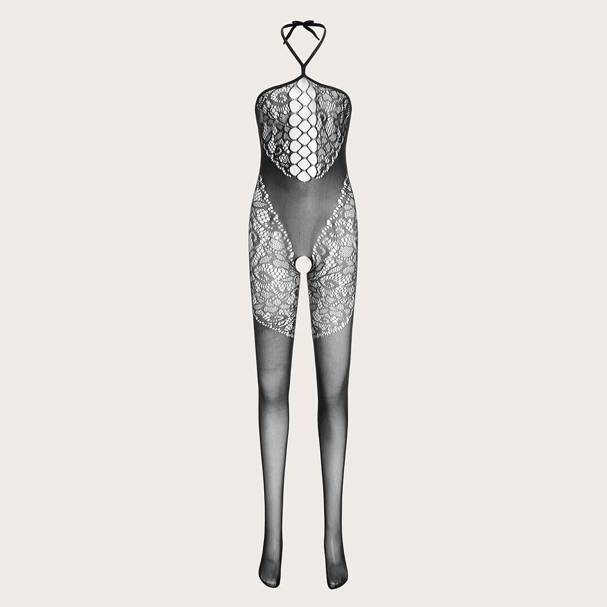 

Contrast Mesh Crotchless Bodystocking, Black