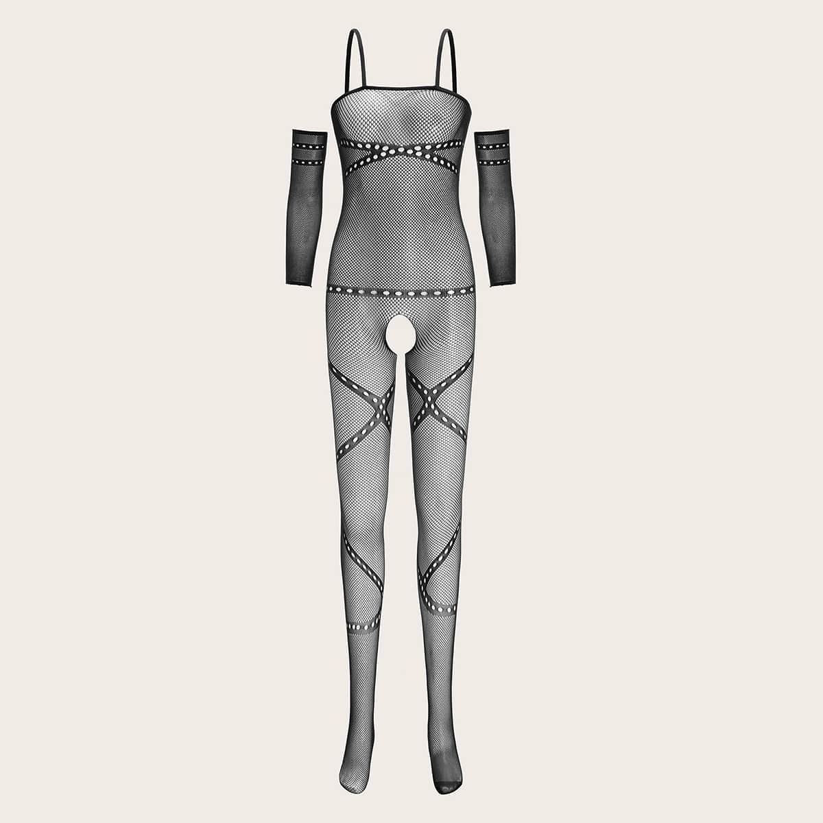 

Hollow Out Fishnet Bodystocking With 1pair Oversleeve, Black