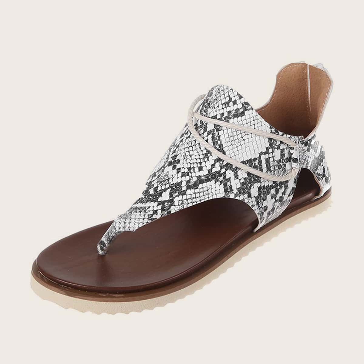 

Snakeskin Print Toe Post Sandals, Black and white