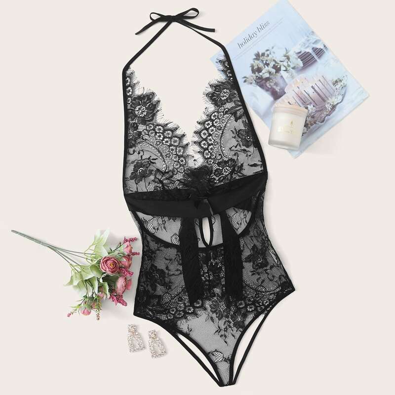 

Floral Lace Halter Teddy Bodysuit, Black