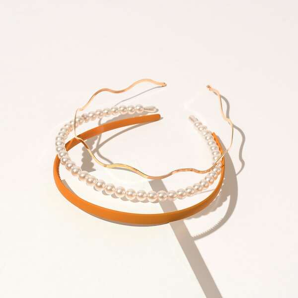 

3pcs Faux Pearl Beaded Hair Hoop, Multicolor