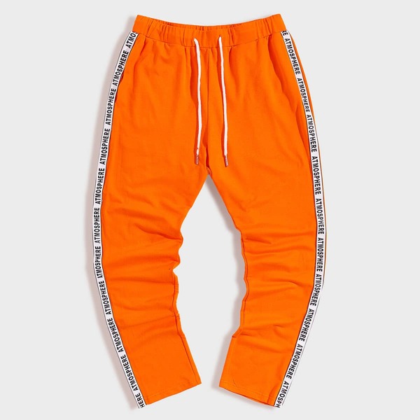 

Men Neon Orange Drawstring Waist Letter Tape Sweatpants