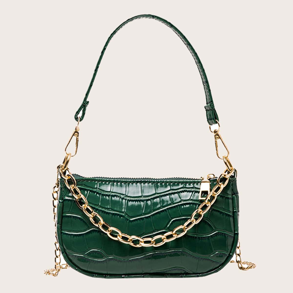 

Croc Embossed Baguette Bag, Green