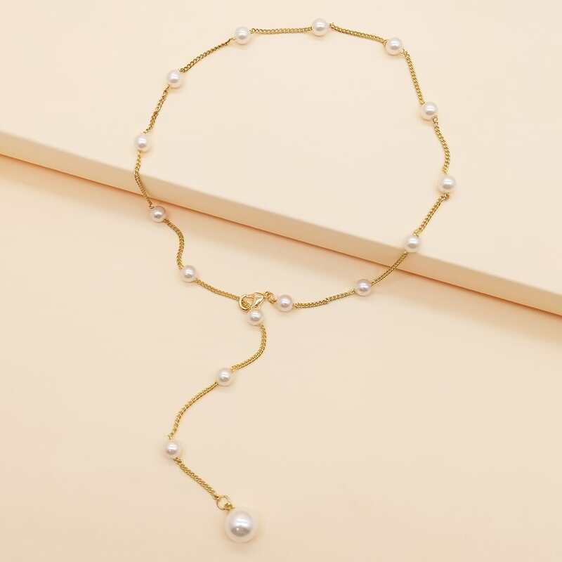 

1pc Faux Pearl Decor Y Lariat Necklace, Gold