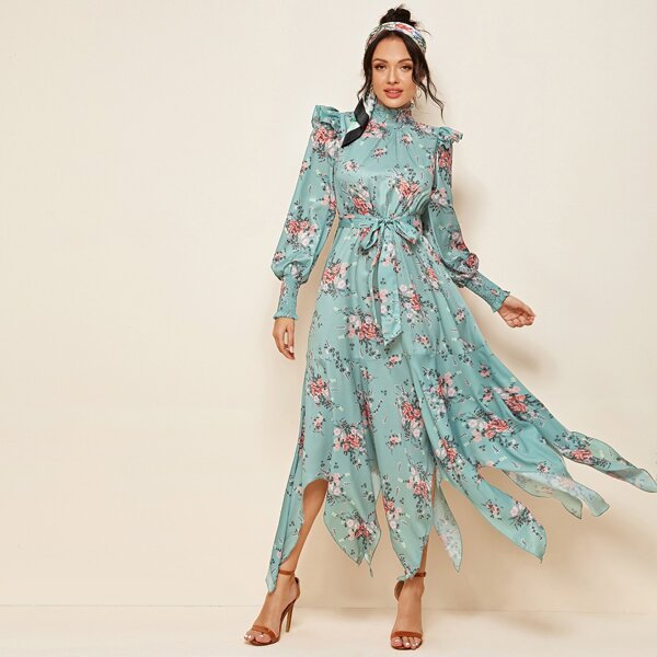 

Shirred Panel Lantern Sleeve Hanky Hem Floral Dress, Green