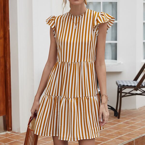 

Striped Ruffle Cuff Smock Dress, Multicolor