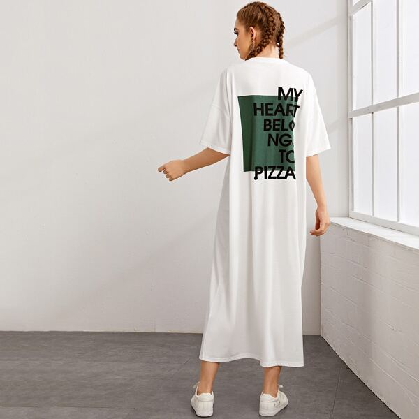

Drop Shoulder Slogan Graphic Tee Dress, White