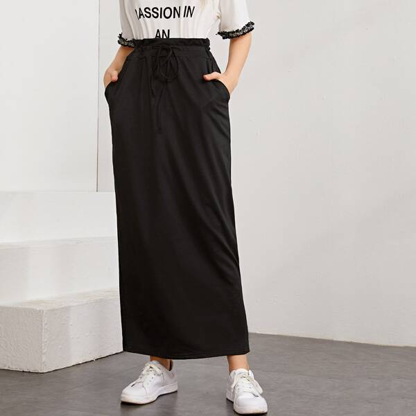 

Drawstring Paperbag Waist Split Back Maxi Skirt, Black