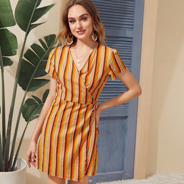 

Colorful Striped Surplice Front Wrap Dress, Multicolor