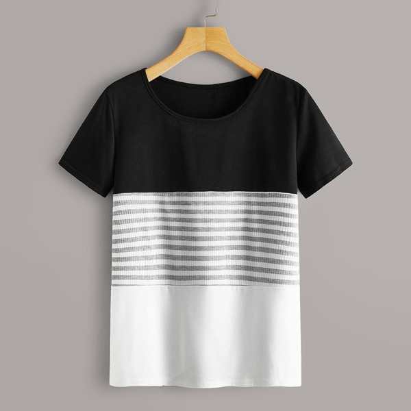 

Striped Rib-knit Panel Color-block Tee, Multicolor