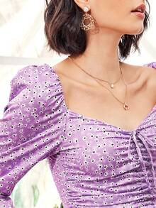 Camisa fruncido con cordón delantero floral de margarita - Morado - Ver 5