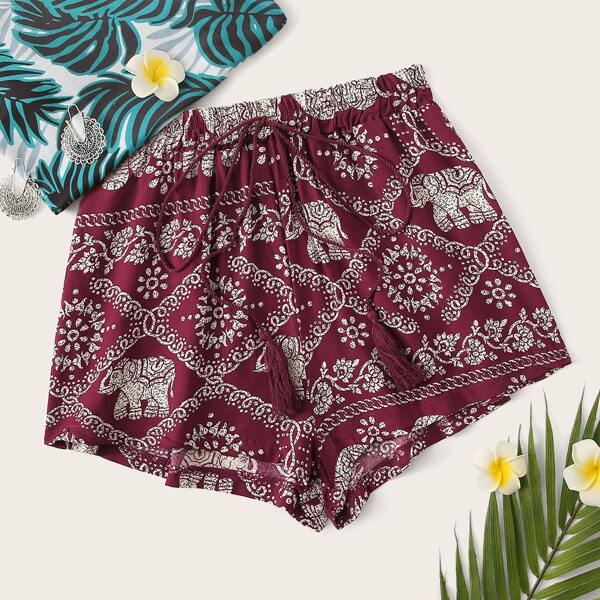 

Plus Tribal Print Drawstring Waist Shorts, Burgundy