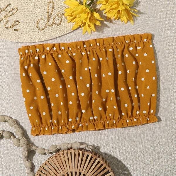 

Polka Dot Frill Trim Tube Top, Yellow