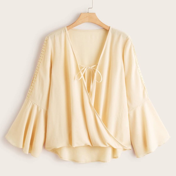 

Plus Surplice Tie Front Flounce Sleeve Blouse, Beige