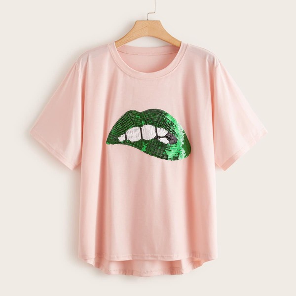 

Plus Lip Sequin High Low Tee, Pink