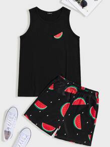 SHEIN Men Watermelon Print Tank Top & Shorts PJ Set - Black - View 1