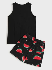 SHEIN Men Watermelon Print Tank Top & Shorts PJ Set - Black - View 2