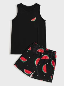 SHEIN Men Watermelon Print Tank Top & Shorts PJ Set - Black - View 3