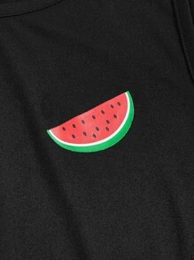 SHEIN Men Watermelon Print Tank Top & Shorts PJ Set - Black - View 5