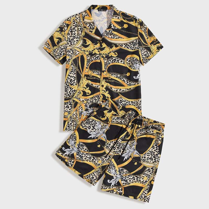 

Guys Notched Collar Chain Print Shirt & Shorts Set, Multicolor