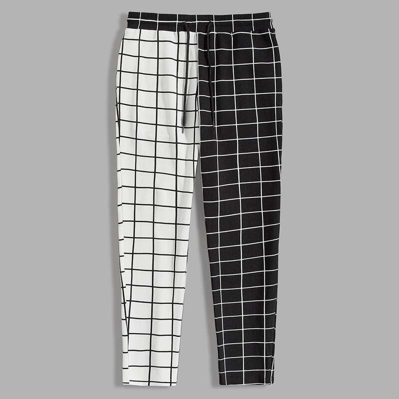 

Guys Drawstring Waist Spliced Plaid Pants, Black and white
