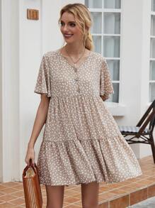 Allover Print Flutter Sleeve Buttoned Babydoll Dress - Khaki - View 1