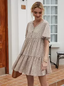 Allover Print Flutter Sleeve Buttoned Babydoll Dress - Khaki - View 3